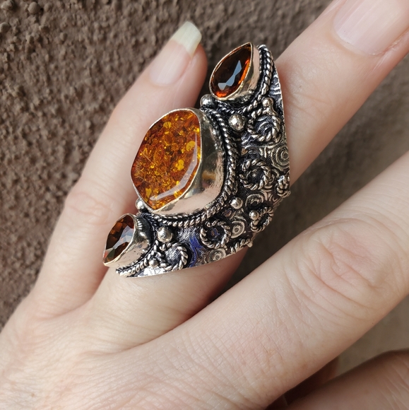 New Baltic Amber & Citrine 925 Silver Statement Ring. - Picture 2 of 13